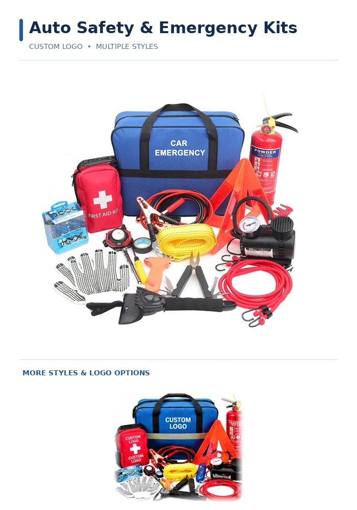 Auto & Tools Custom promotional roadside emergency safety kit with carrying bag, jumper cables, compact air compressor and warning triangle