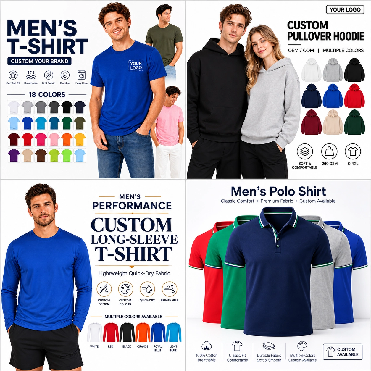 Custom promotional clothing collection including T-shirts, polo shirts, hoodies and sportswear