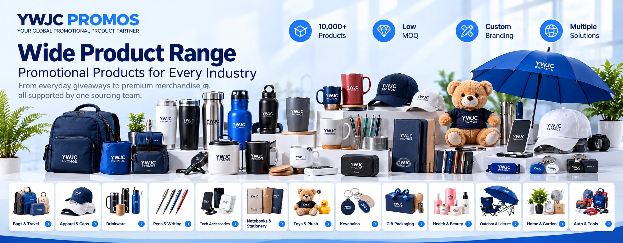 Home Wide selection of custom promotional products including bags, drinkware, hats, stationery, toys, umbrellas and corporate merchandise