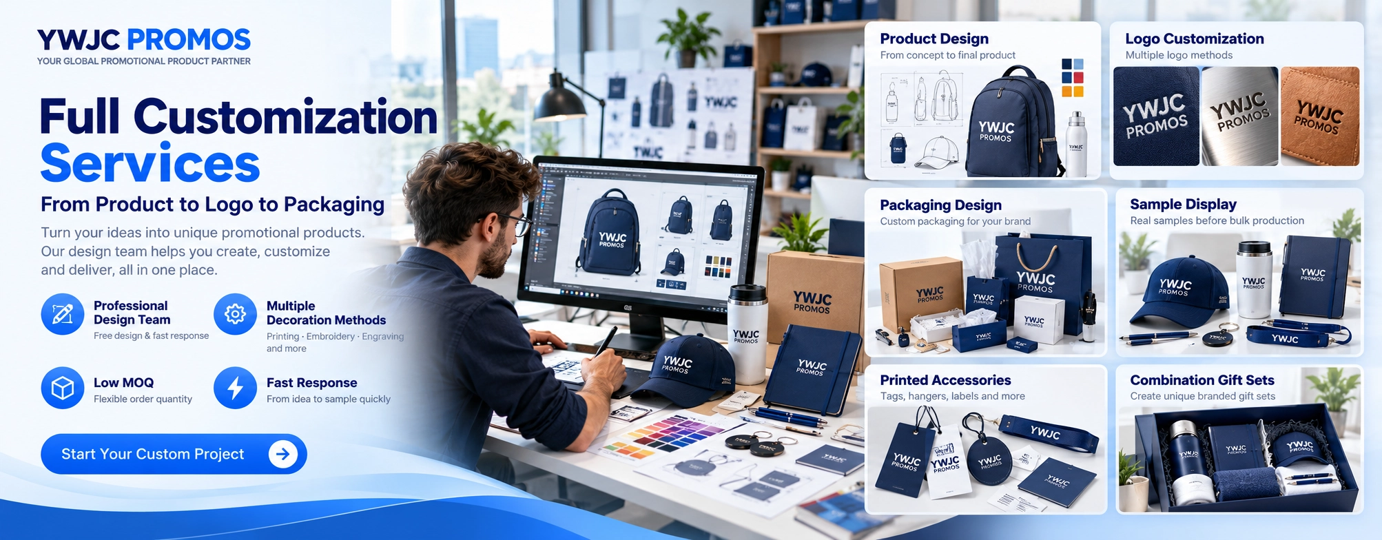 Home Custom promotional product design studio showing personalized products, logo printing and embroidery, packaging and gift set samples