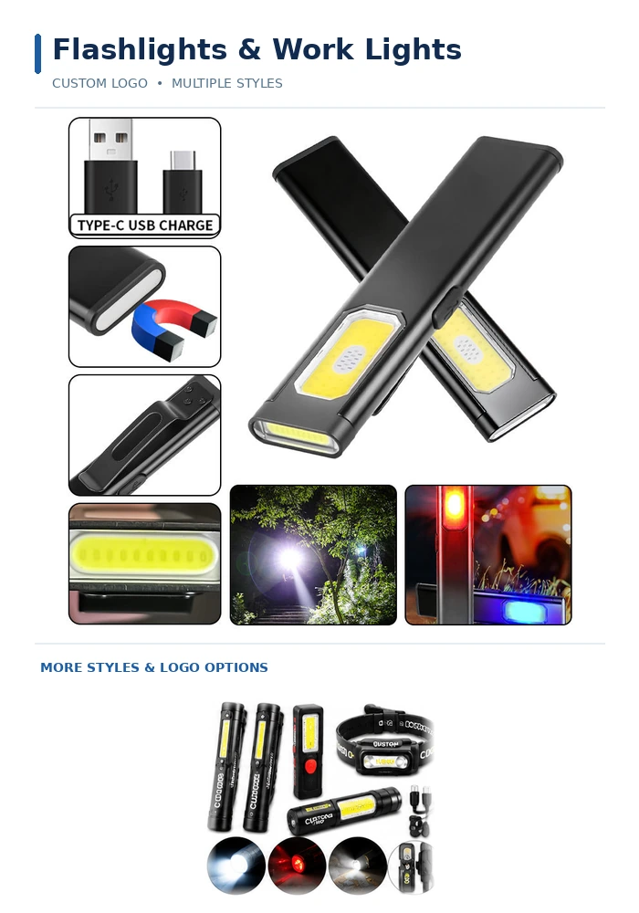 Auto & Tools Custom logo rechargeable LED COB magnetic work lights in multiple colors with USB charging and pocket clips