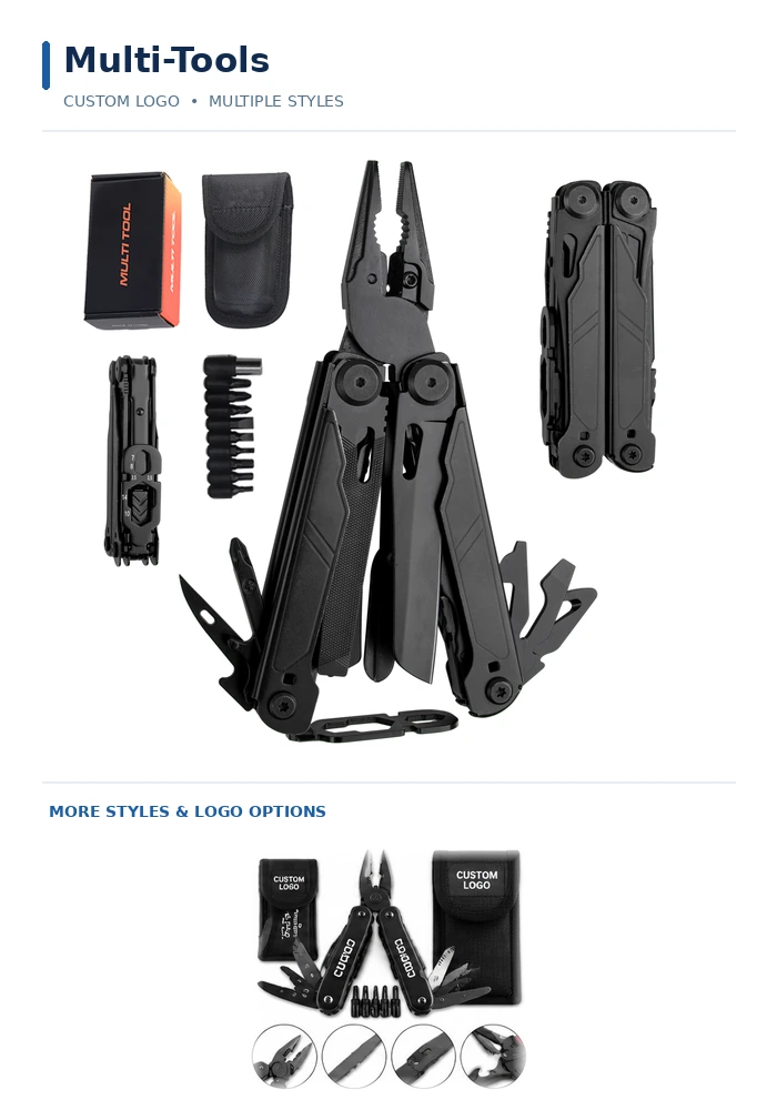 Auto & Tools Black custom logo folding plier multi-tools with screwdriver bits, carry pouch and tool functions