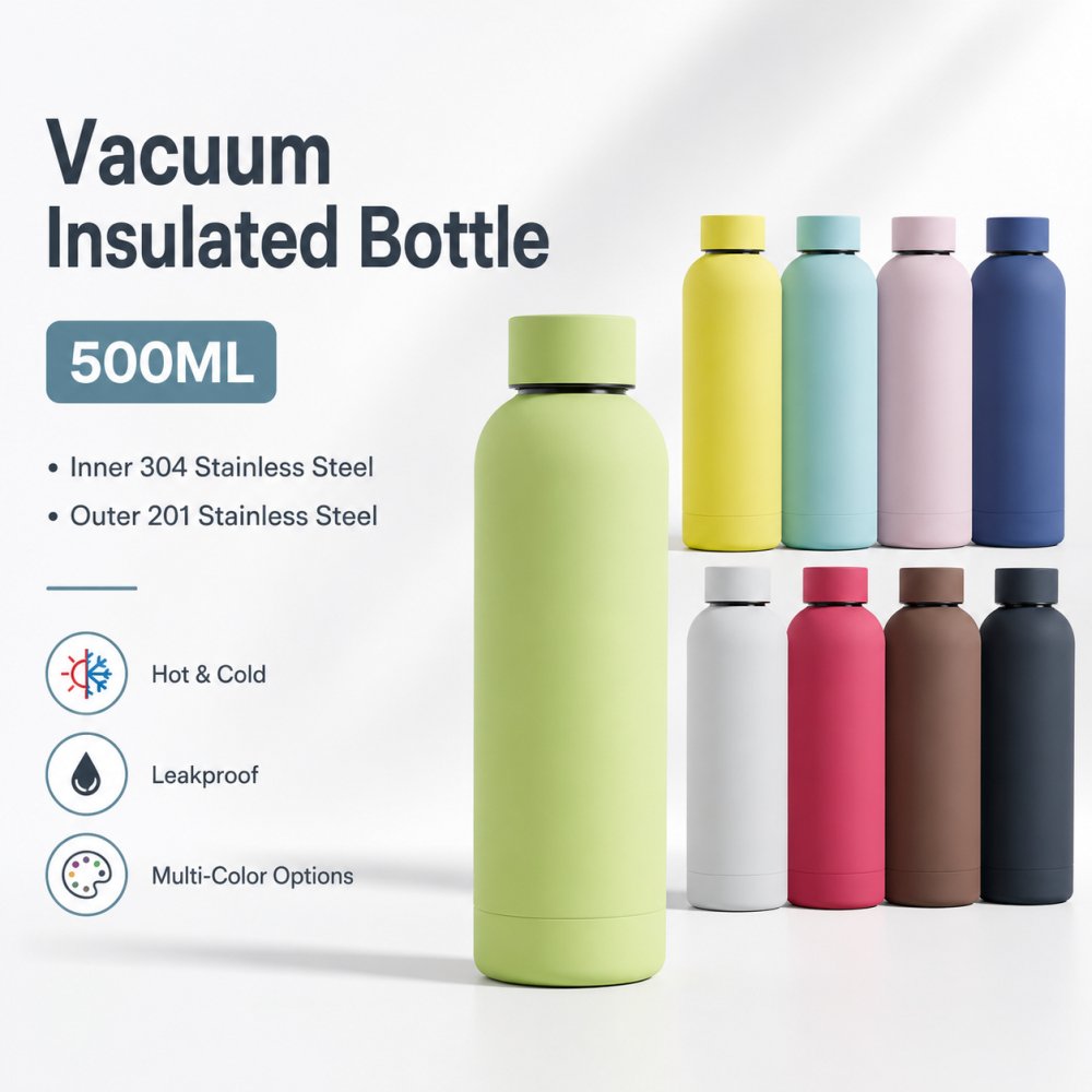 Drinkware Custom Vacuum Insulated Stainless Steel Bottles - 500ml double-wall stainless steel insulated water bottles with logo decoration for business and travel gifts.
