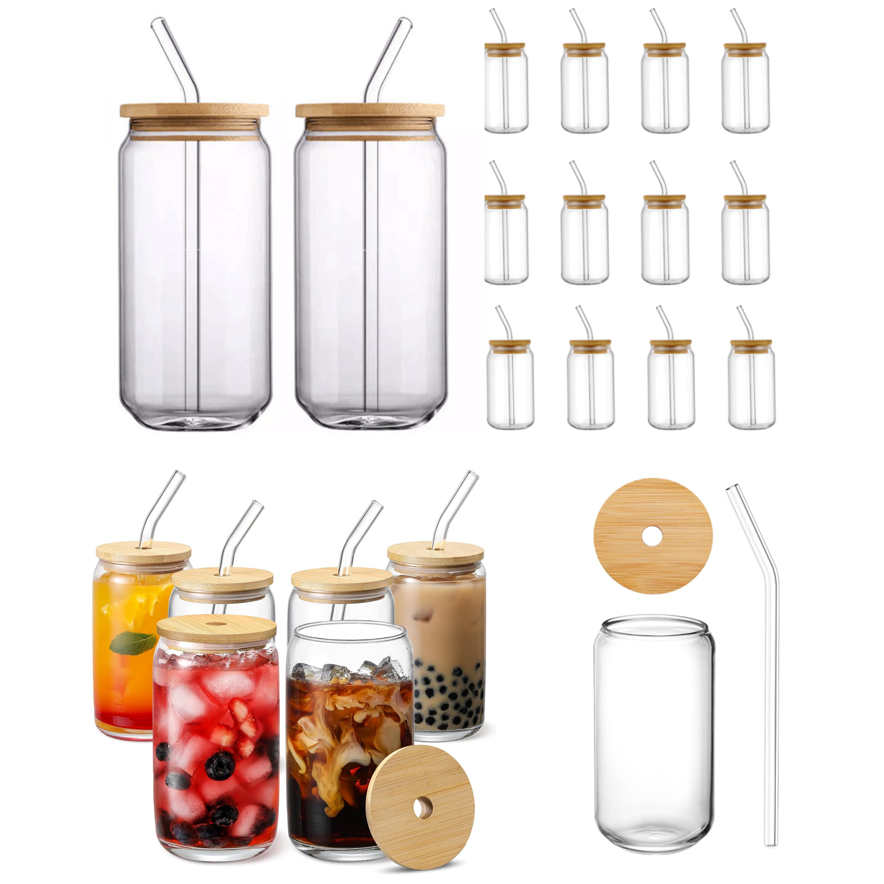 Drinkware Custom Can-Shaped Glassware & Iced Coffee Glasses - 16oz beer-can-shaped drinking glasses, iced coffee cups and bamboo-lid glassware for promotional gifts.