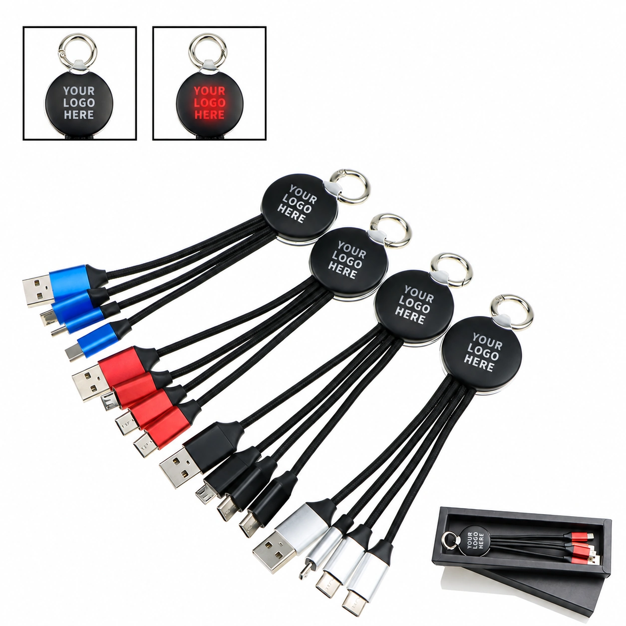 Technology Custom 3-in-1 USB Charging Cables & Keychain Chargers for wholesale corporate giveaways and logo customization