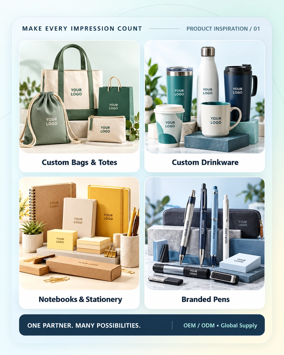 About Us Product inspiration featuring custom bags, drinkware, notebooks and branded pens