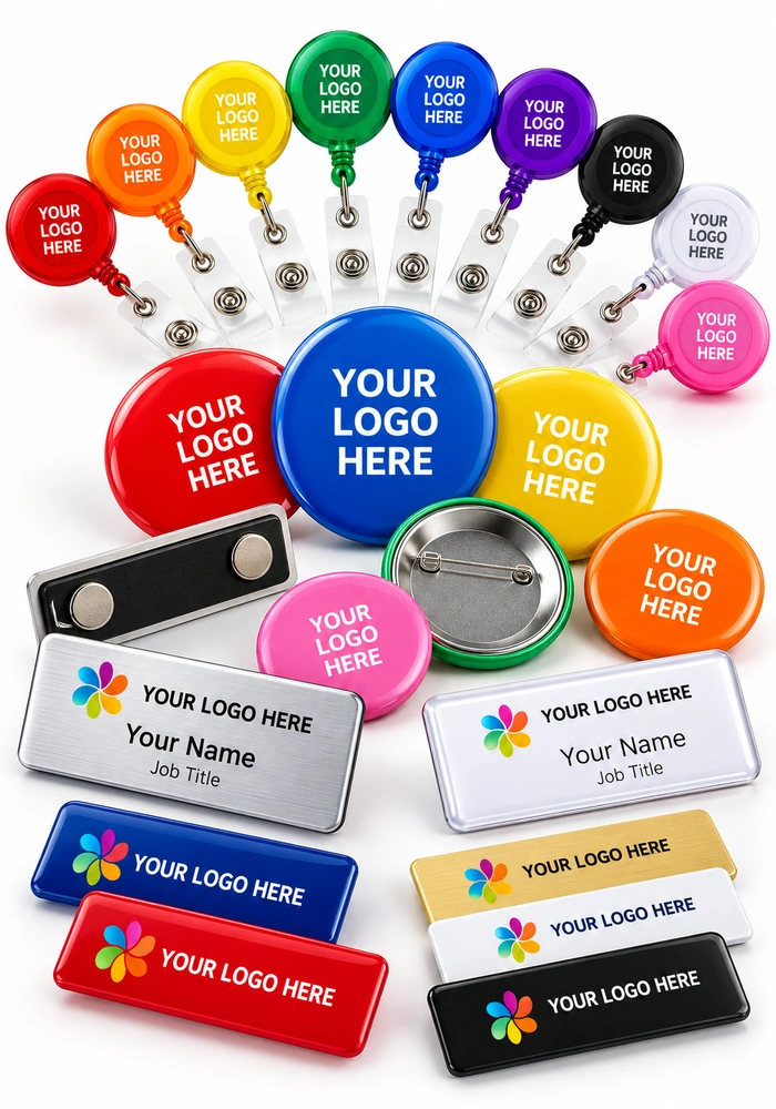 Trade Show & Signage Name Badges & Promotional Buttons - Custom Name Badges, Printed Pin Buttons & Promotional Button Badges - custom wholesale trade show promotional products