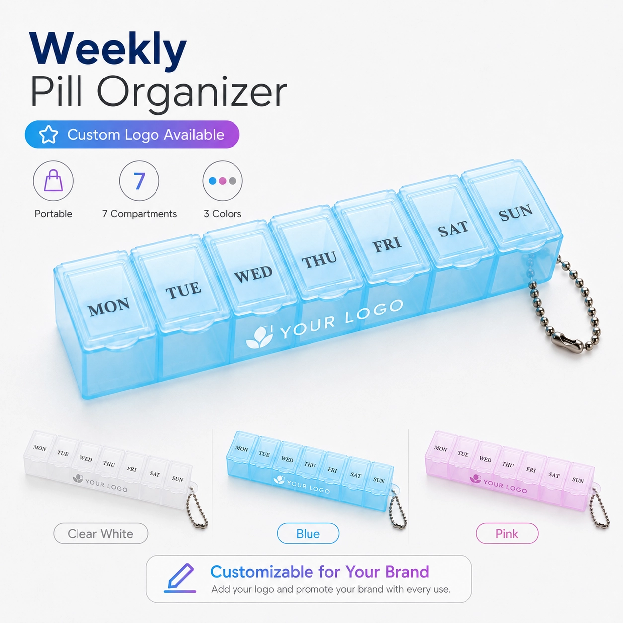 Health & Beauty Custom 7-Day Pill Boxes & Organizers for bulk corporate gifts, promotional merchandise and custom branding