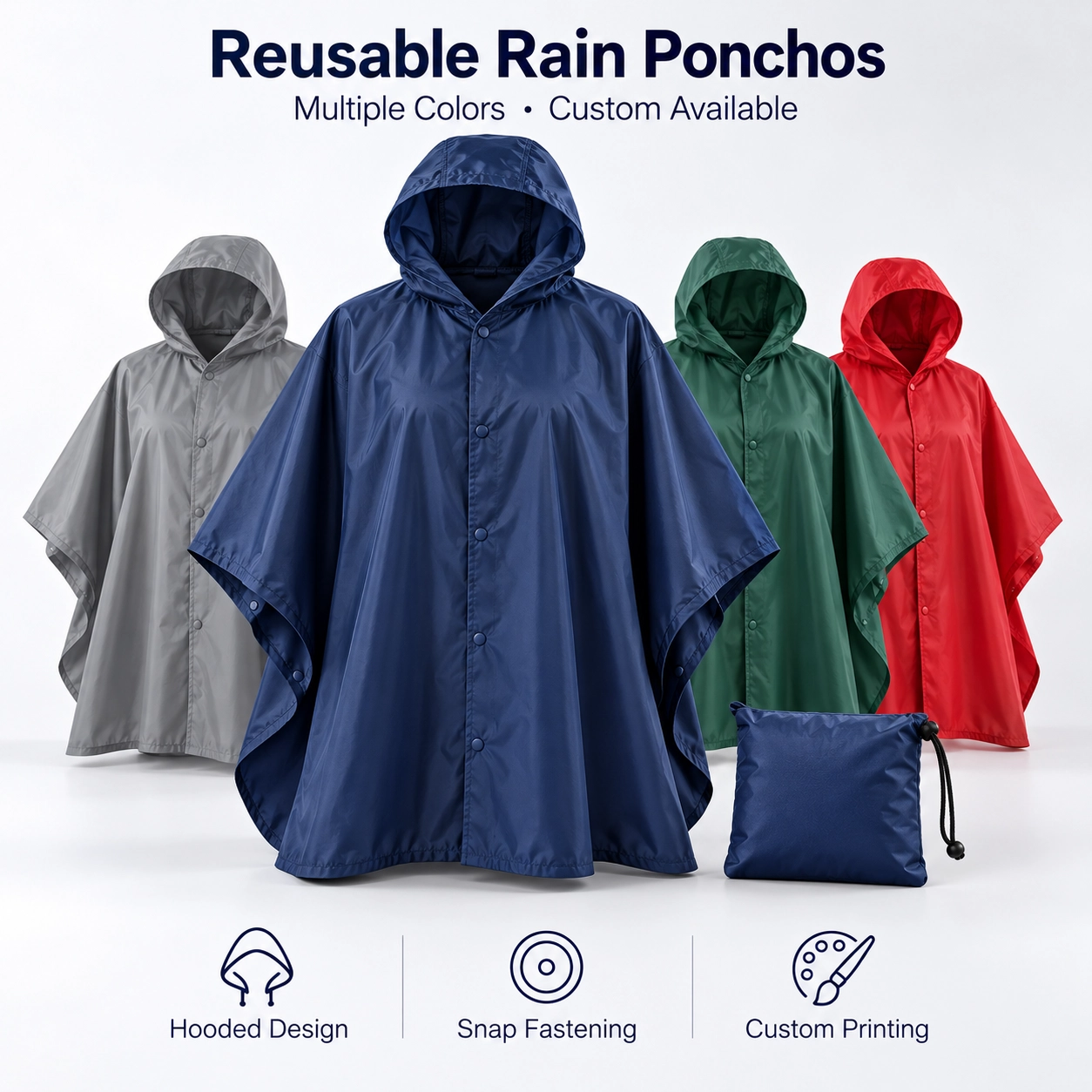 Outdoor & Leisure Custom Reusable Hooded Rain Ponchos for outdoor events, travel, festivals and rain-season giveaways