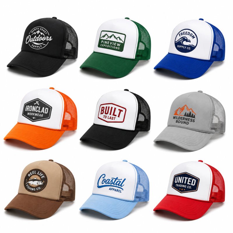 Apparel Custom trucker hats with foam front, mesh back and snapback closures