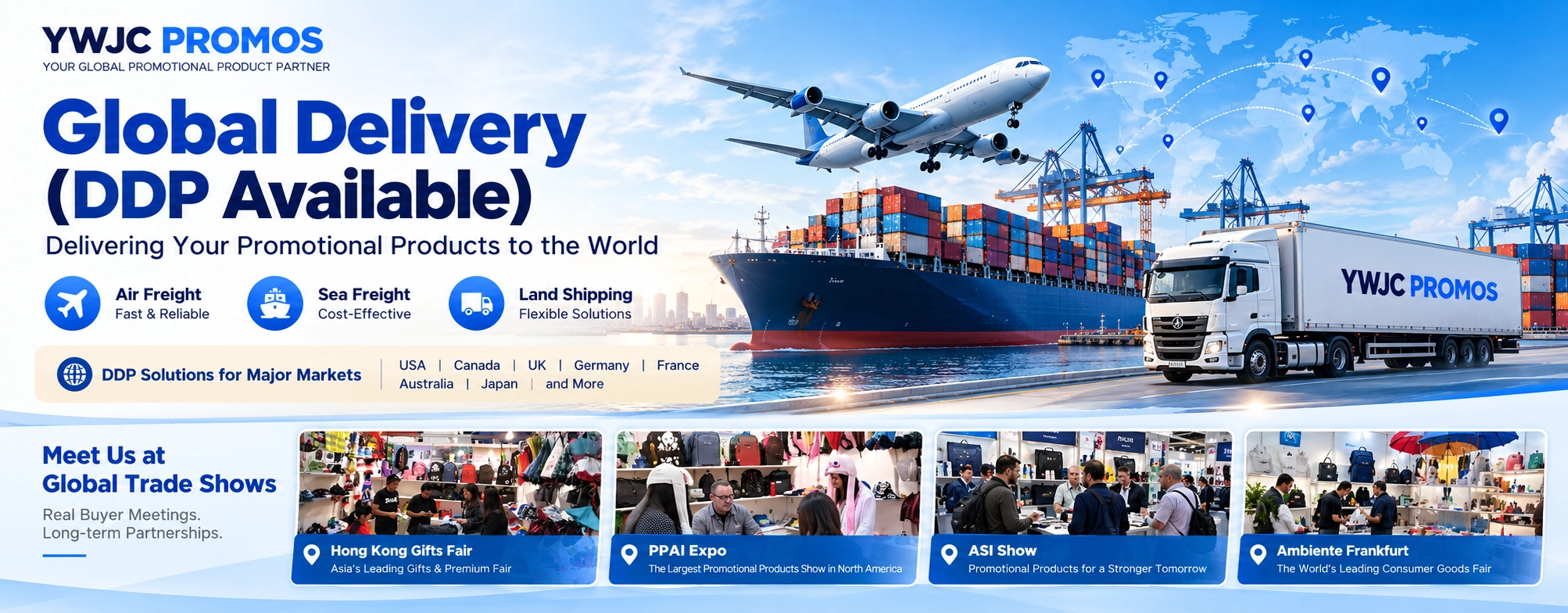 Home YWJC PROMOS global DDP delivery solutions with air freight, ocean shipping and road transport, plus international buyer trade show meetings